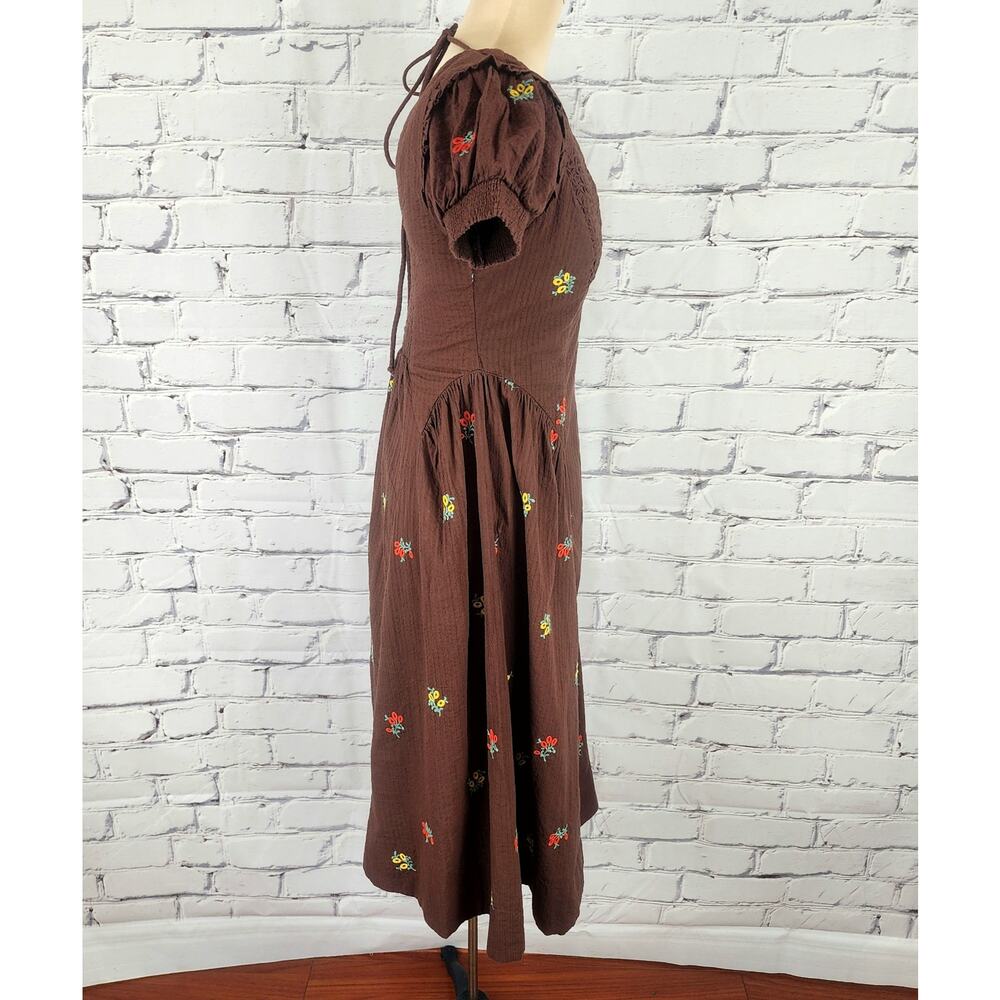 Free People Dress Maisie Midi Brown Floral Boho Embroidered size XS Cottage Core - Picture 3 of 13